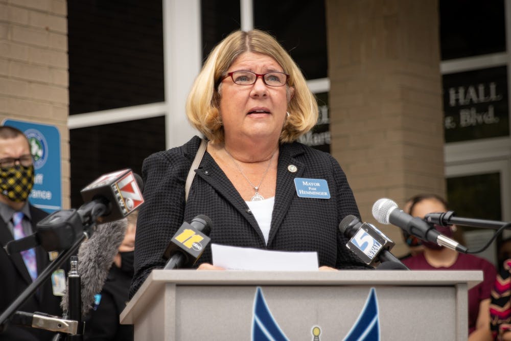 Pam Hemminger, mayor of Chapel Hill, speaks at a press conference Thursday, during which Chapel Hill police announced that an arrest has been made in the investigation of Faith Hedgepeth's murder in 2012.