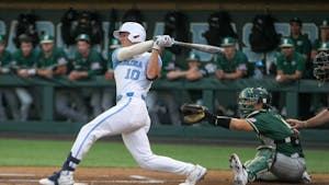 UNC sophomore infielder Mac Horvath (10) successfully hits the ball during the baseball game against Charlotte on Tues. May 3, 2022 at Boshamer Stadium. UNC beat Charlotte 4-3.