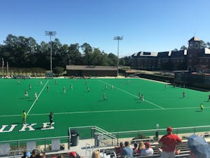 The North Carolina field hockey team competes against Louisville on Saturday at Williams Field in Durham.