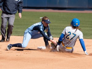 Sophomore infielder Abby Settlemyre (29)  tags a runner out at second base during the game against Pittsburgh at G. Anderson Softball Stadium on March 1, 2020. UNC won 1-9.