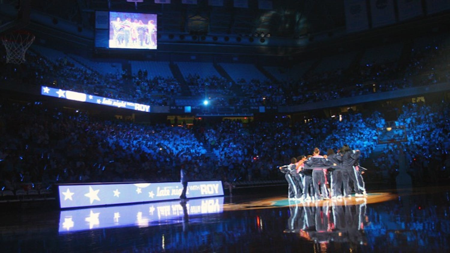 	The UNC women’s basketball team unveils its pink uniforms after its introduction at Late Night with Roy.