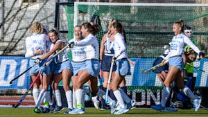 UNC field hockey team celebrates their National Chamiponship victory against No. 3 Northwestern on Sunday, Nov. 20, 2022, at George J. Sherman Sports Complex in Storrs, Conn. UNC won 2-1.&nbsp;