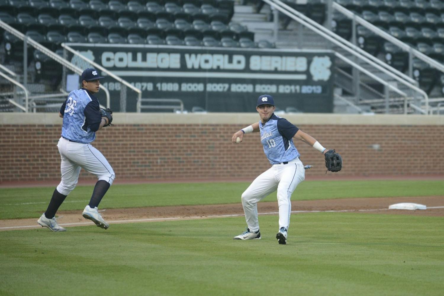 UNC freshman third baseman Zack Gahagan (10) has no throw on a lucky swinging bunt in Tuesday's game against High Point.