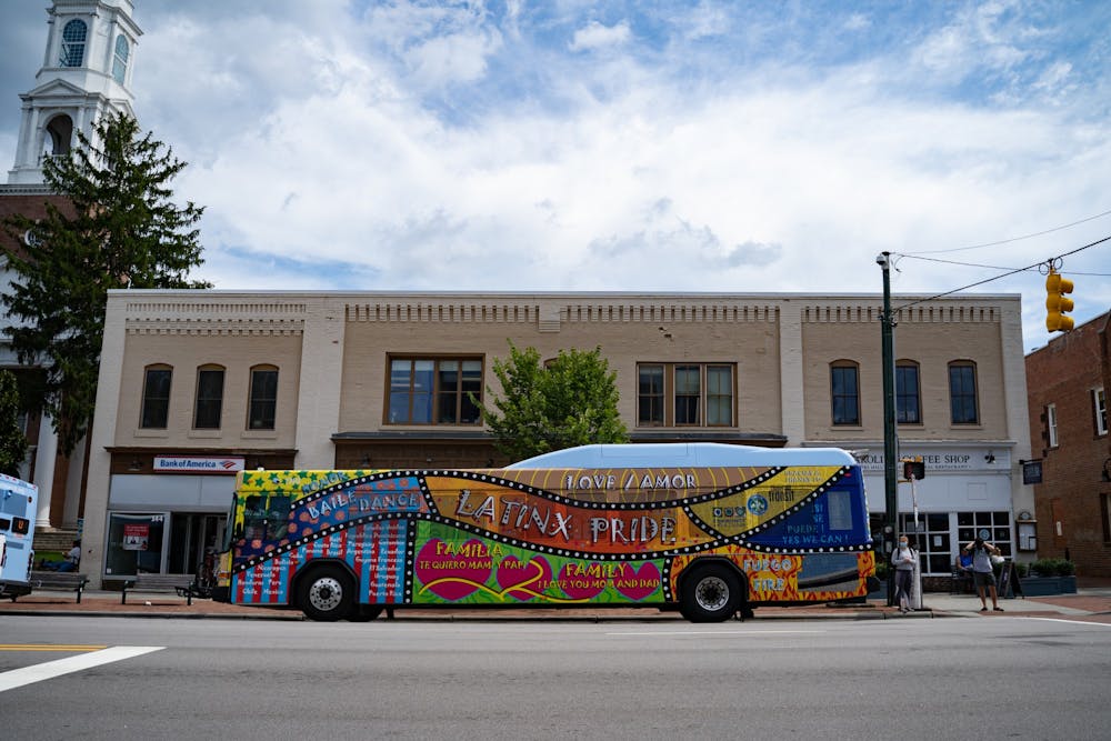 The Latinx Pride bus at a bus stop on Franklin Street on Tuesday, Aug. 18, 2020.