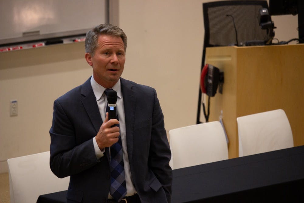 Interim Chancellor Kevin Guskiewicz gave updates about the University at the meeting of the Faculty Council and the General Faculty in Genome Sciences Building on March 8, 2019.  He discussed the naming of the Adams School of Dentistry, campaign events, the General Education Curriculum and diversity.