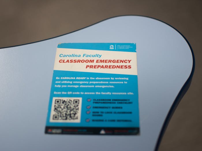 Room 0058 in Carroll Hall has a QR code with emergency preparedness resources on the teacher's podium at the front of the classroom on Monday, March 6. Virtually all classrooms on campus will have the QR codes added.