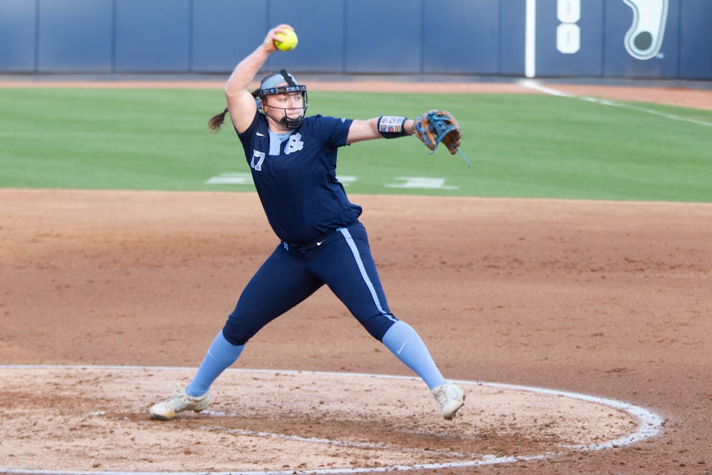 UNC freshman pitcher Carlie Myrtle (17) pitches during a home game against N.C. Central at Anderson Stadium on Wednesday, Apr. 20, 2022.