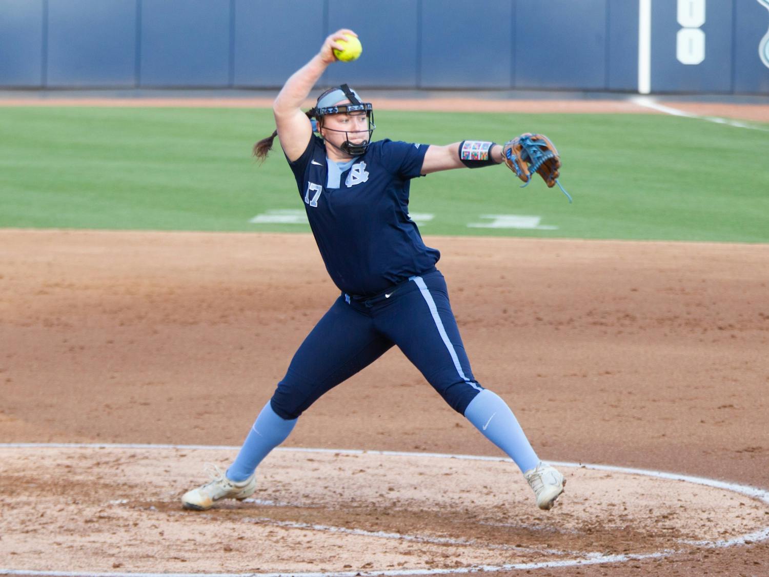 UNC freshman pitcher Carlie Myrtle (17) pitches during a home game against N.C. Central at Anderson Stadium on Wednesday, Apr. 20, 2022.