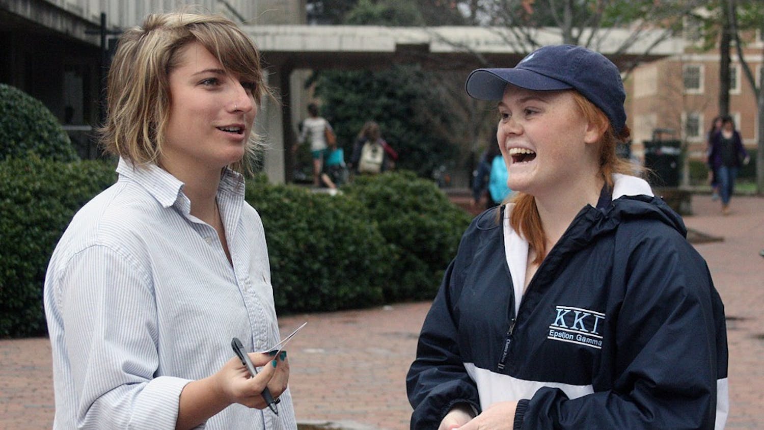 Kathryn Walker a junior Poli Sci andPR major with a history minor talks to Liz Kazal from Environment NC .Student government is partnering with different group on campus so student have and opportunity to vote in the primary for NC. "We think that its really important theta students who want to vote have the opportunity to do so." --Wilson Parker 