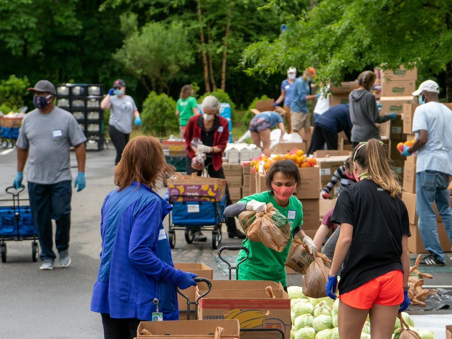 Volunteers help with food distribution at Chapel Hill Public Library on Friday, May 22, 2020. Photo courtesy of Tom Simon.