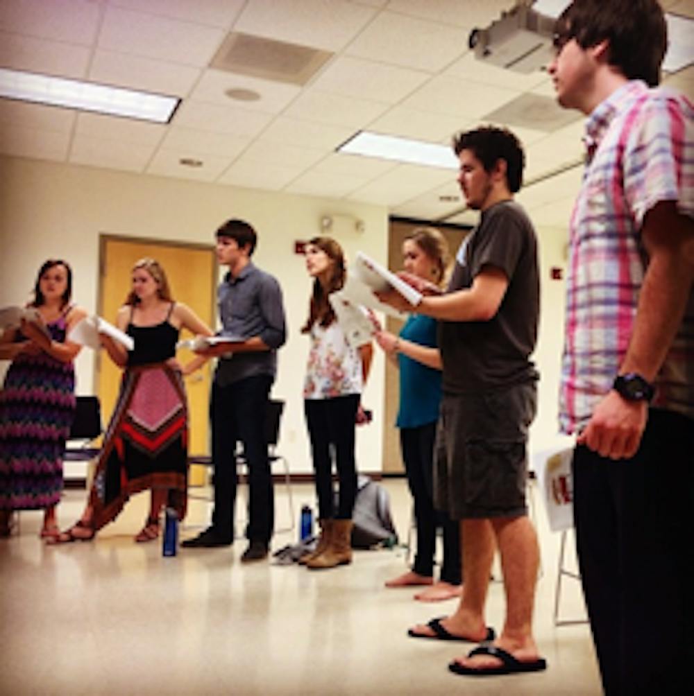 <p>The cast of "Little Shop" rehearses for their upcoming performance </p>