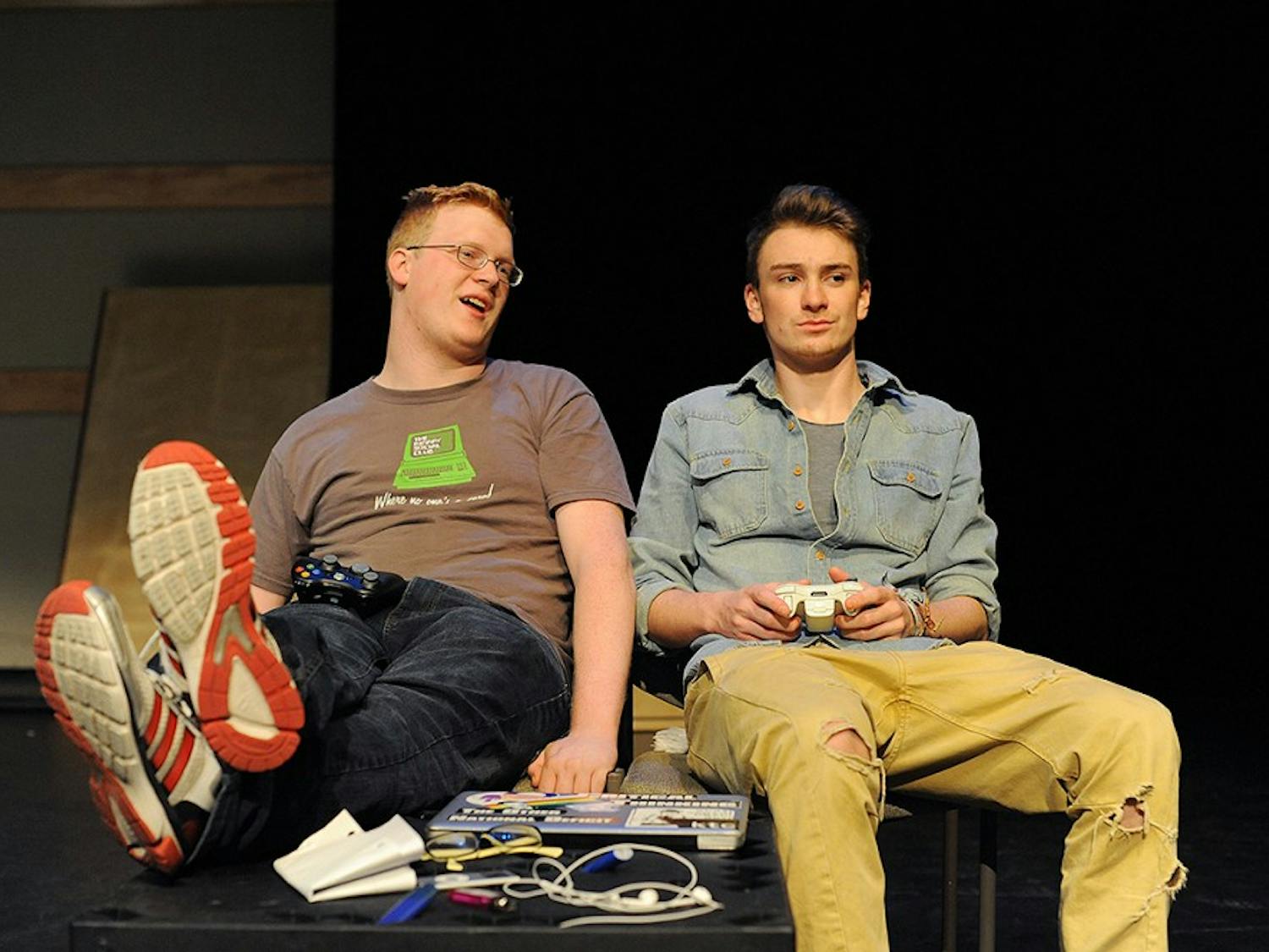 Sophomore Noah Leiberman playing the role of Same and Junior exchange student Cameron Stuart playing the role of Jack and rehearse for the upcoming performance of Mark Andrew Taylor's 'Snow Days' at Kenan Theater on Wednesday night. "I went to a boarding school and the play definitely captures the feeling of boarding school," said Leiberman. "I can relate." 