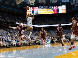 UNC first-year guard Seth Trimble makes a layup during the game against College of Charleston on Friday, Nov. 11, 2022, at the Dean Smith Center. UNC beat College of Charleston 102-86.