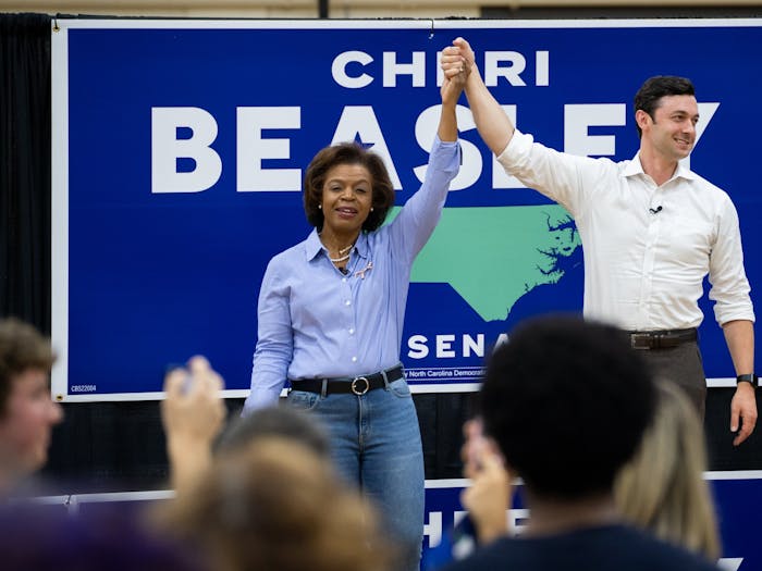 North Carolina Democratic U.S. Senate candidate Cheri Beasley on stage with Sen. Jon Ossoff (D-GA) during her rally at Fetzer Gym, on Oct. 16, 2022.