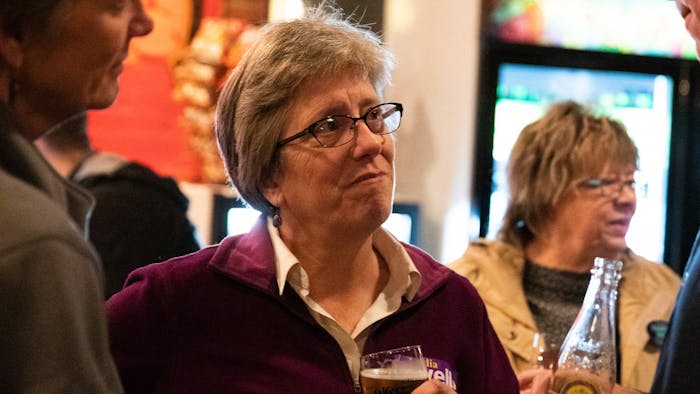 Carrboro mayoral candidate Lydia Lavelle attends a watch party hosted by alderman candidate Damon Seils' campaign at Steel String Brewery in Carrboro on Tuesday, Nov. 5, 2019.