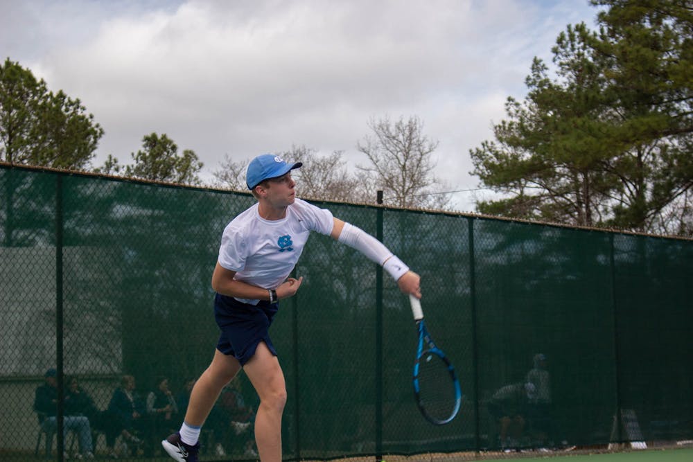 <p>First-year Will Jansen competes against Boston College at the Chapel Hill Tennis Club on Sunday, Feb. 26, 2023.&nbsp;</p>