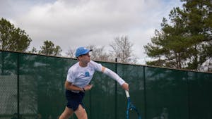 First-year Will Jansen competes against Boston College at the Chapel Hill Tennis Club on Sunday, Feb. 26, 2023.&nbsp;
