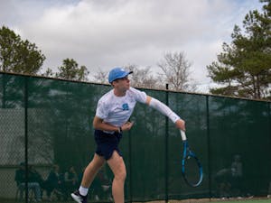 First-year Will Jansen competes against Boston College at the Chapel Hill Tennis Club on Sunday, Feb. 26, 2023.&nbsp;
