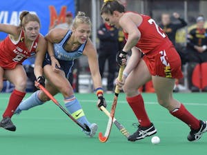 Senior back Ashley Hoffman fights for the ball during North Carolina's 2-0 win over Maryland in the 2018 National Championship game on Nov. 18 in Louisville, Ky. Photo courtesy of Jeffrey A. Camarati.