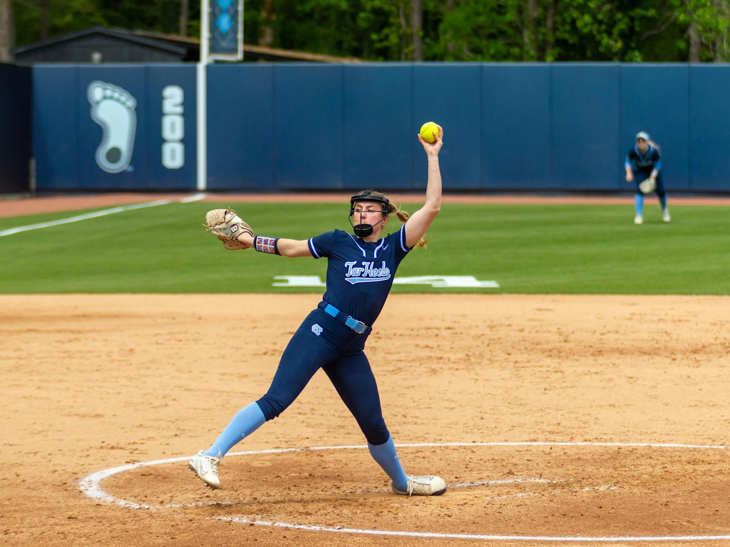 UNC freshman pitcher Lilli Backes (99) pitches the ball during the softball game against Florida State at Anderson Stadium on Saturday, April 16, 2022. UNC won 5-1.