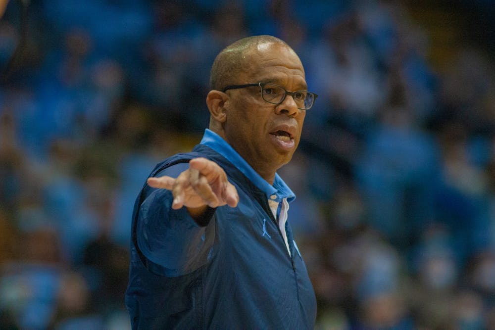 Head coach of the UNC men's basketbal team Hubert Davis coaches his team from the sidelines at the exhibition game against Elizabeth City State on Nov. 5 at the Dean E. Smith Center. UNC won 83-55.