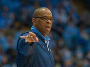 Head coach of the UNC men's basketbal team Hubert Davis coaches his team from the sidelines at the exhibition game against Elizabeth City State on Nov. 5 at the Dean E. Smith Center. UNC won 83-55.