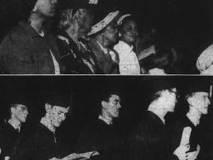 Carolina Times Archive. Top photo shows relatives of Harvey Beech of Kinston, the first Black man to ever graduate from UNC. From left to right: Lillian Beech, Mary J. Ruffin, Mamie Crowder, and Eloise Beech. In the bottom photo, Harvey Beech is third from the left.