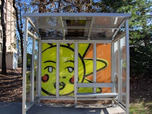 "Sun" by Antonio Alanis creates an optimistic space at the bus shelter at South Columbia Street at Mason Farm Road in Chapel Hill, N.C. on Monday, Nov. 21, 2022.