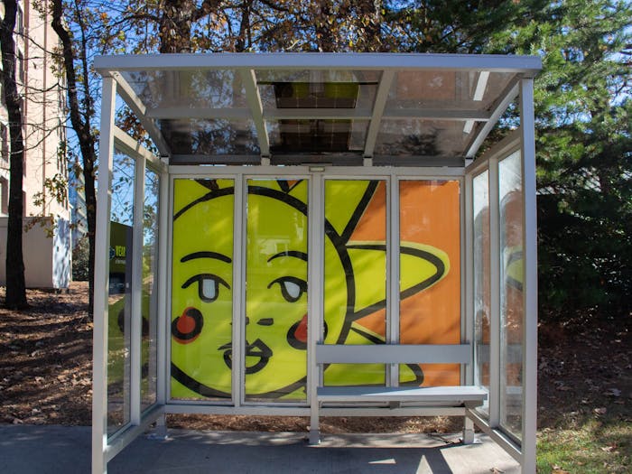 "Sun" by Antonio Alanis creates an optimistic space at the bus shelter at South Columbia Street at Mason Farm Road in Chapel Hill, N.C. on Monday, Nov. 21, 2022.