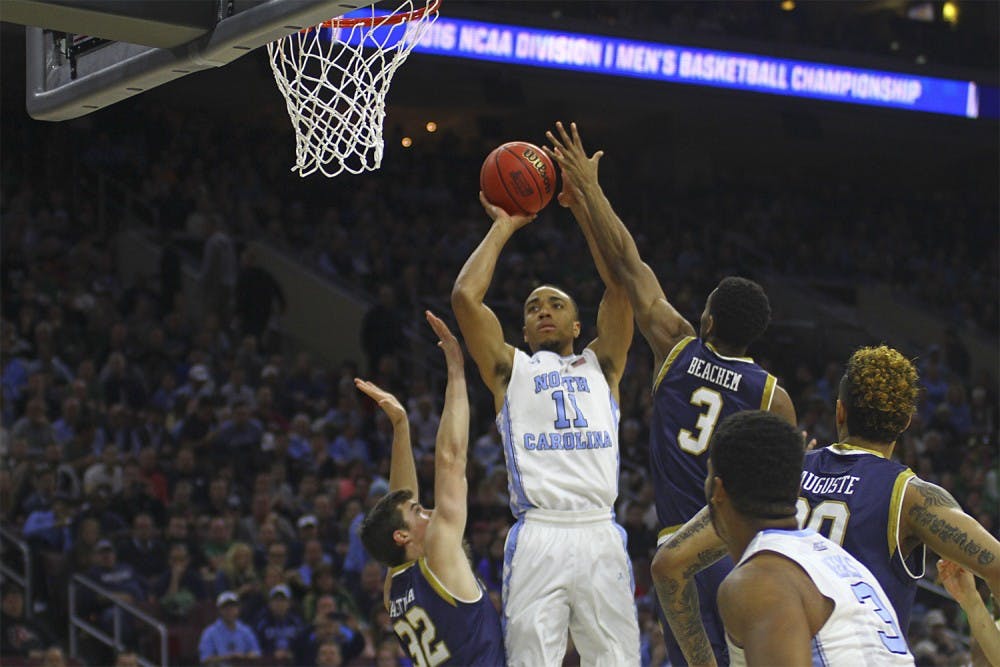 Senior Brice Johnson (11) shoots the ball during the Elite Eight game against Notre Dame Sunday. Johnson&nbsp;scored 25 points.