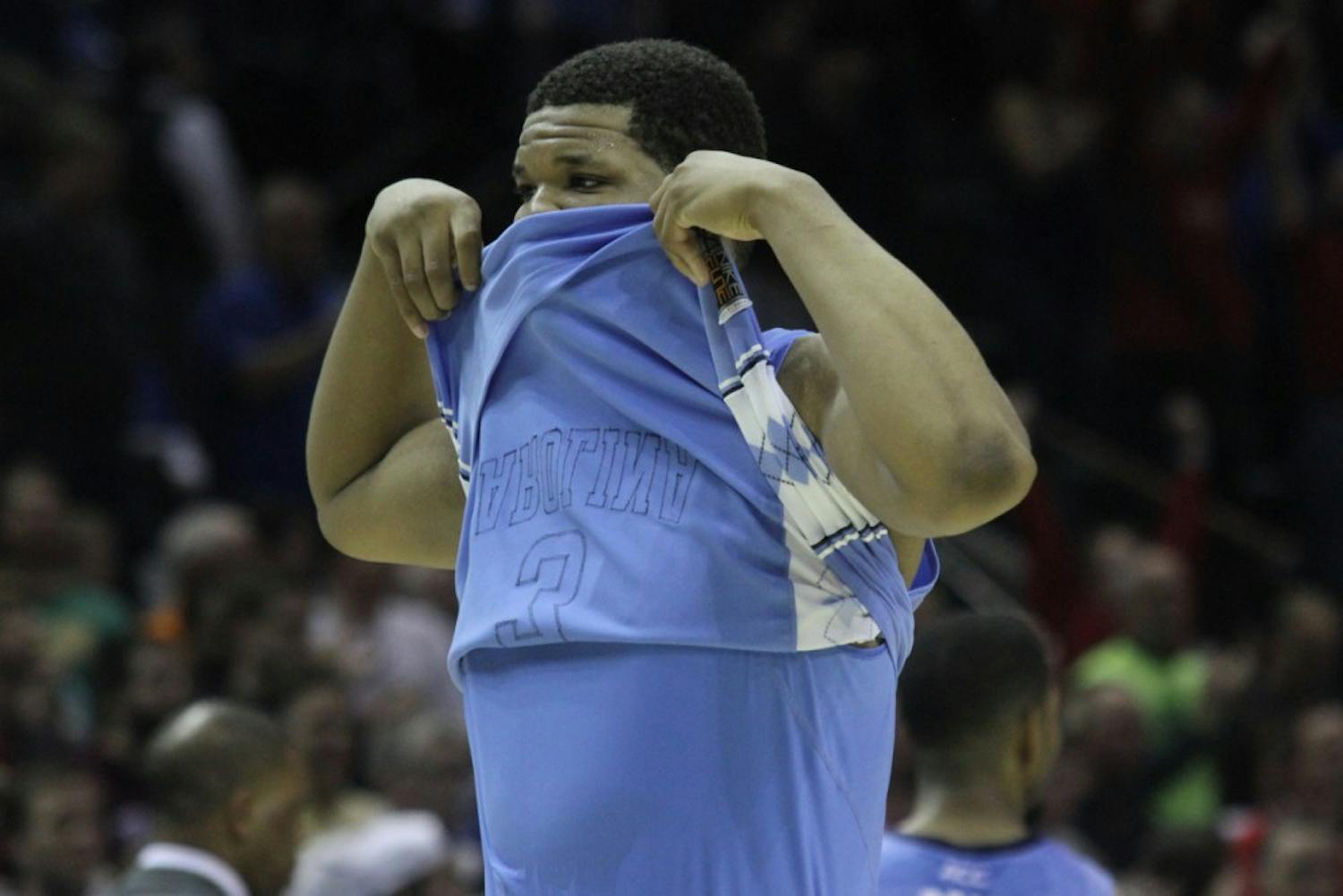 UNC freshman Kennedy Meeks (3) reacts after Iowa State defeated the Tar Heels 85-83.