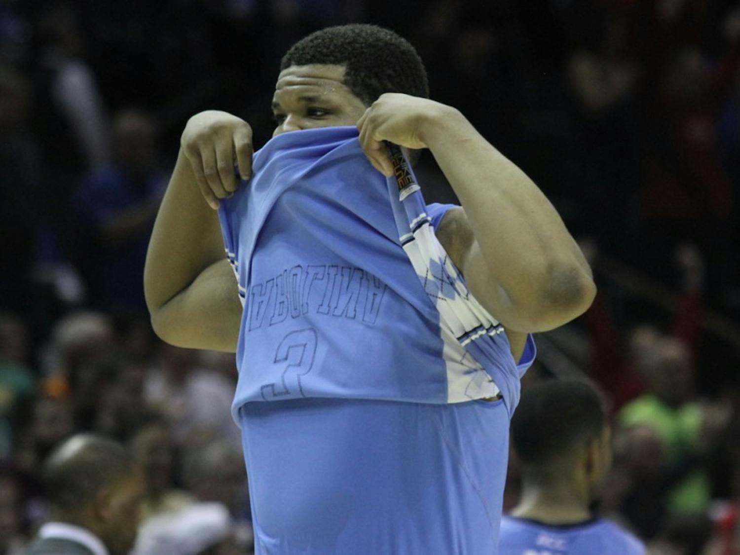 UNC freshman Kennedy Meeks (3) reacts after Iowa State defeated the Tar Heels 85-83.