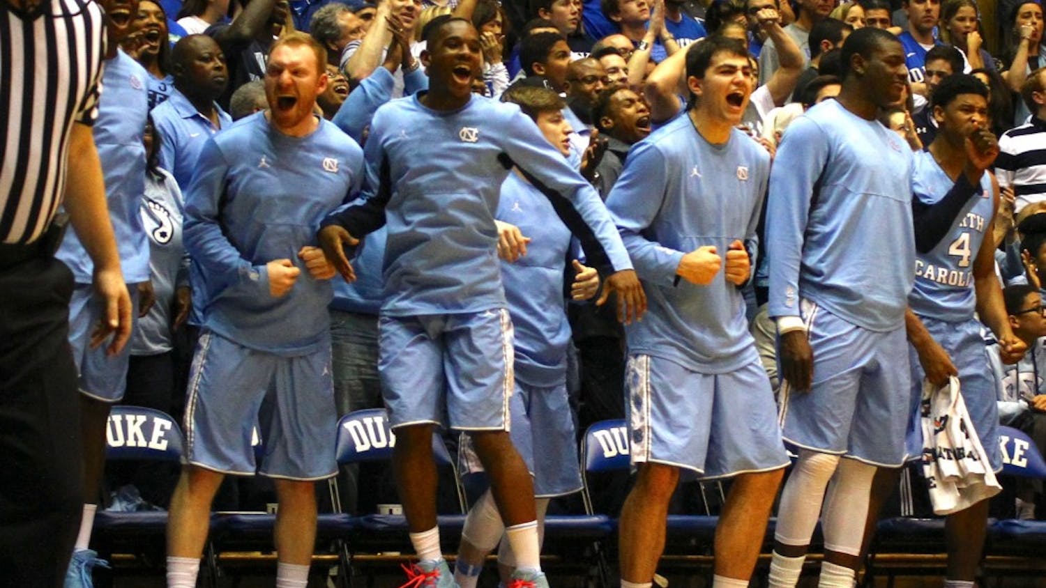 The bench cheers during the final minutes of North Carolina's victory over Duke.&nbsp;