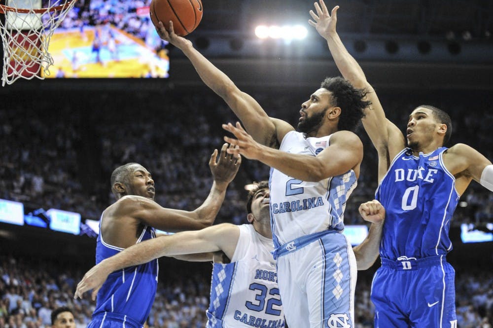 <p>North Carolina guard Joel Berry (2) goes up for a shot in No. 5 UNC’s 90-83 win over No. 17 Duke on March 4th in the Smith Center. Berry finished with a team-high 28 points and five made 3-pointers.</p>