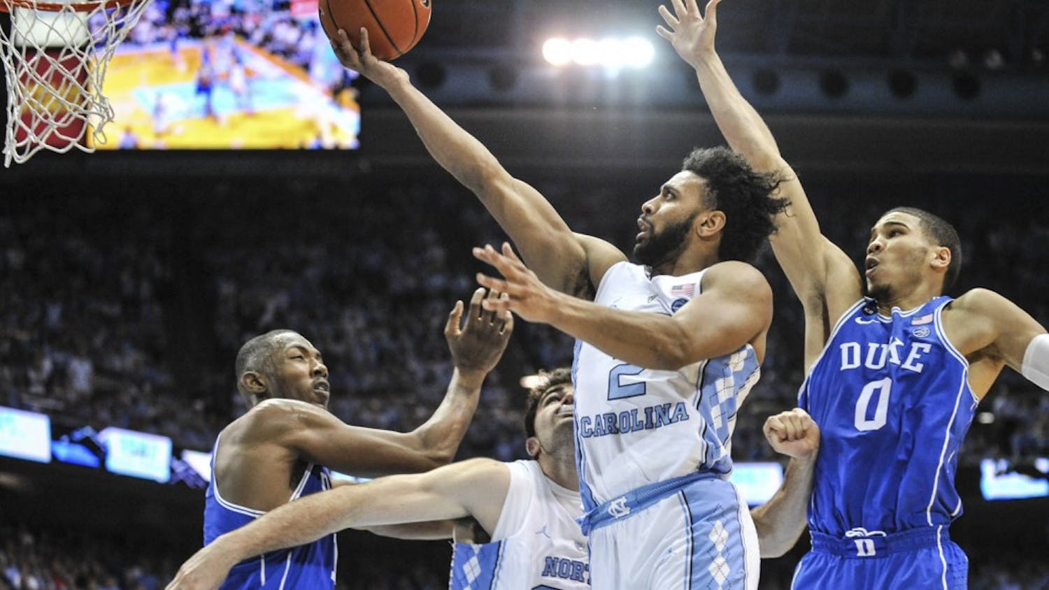 North Carolina guard Joel Berry (2) goes up for a shot in No. 5 UNC’s 90-83 win over No. 17 Duke on March 4th in the Smith Center. Berry finished with a team-high 28 points and five made 3-pointers.