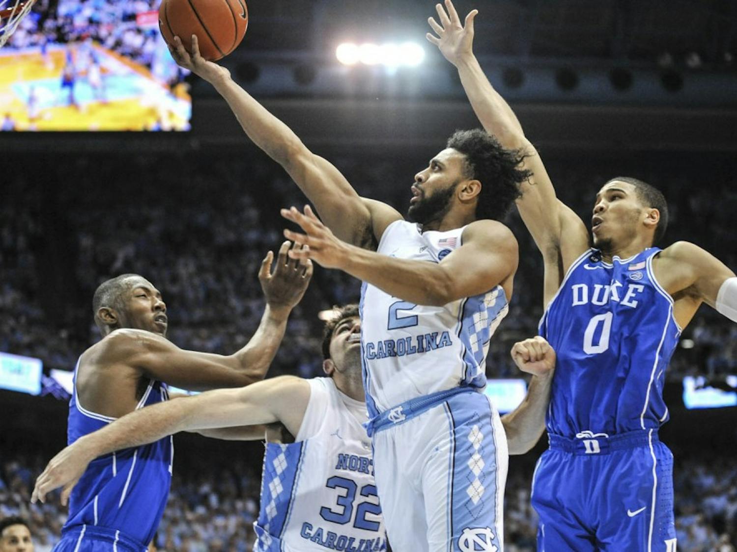 North Carolina guard Joel Berry (2) goes up for a shot in No. 5 UNC’s 90-83 win over No. 17 Duke on March 4th in the Smith Center. Berry finished with a team-high 28 points and five made 3-pointers.