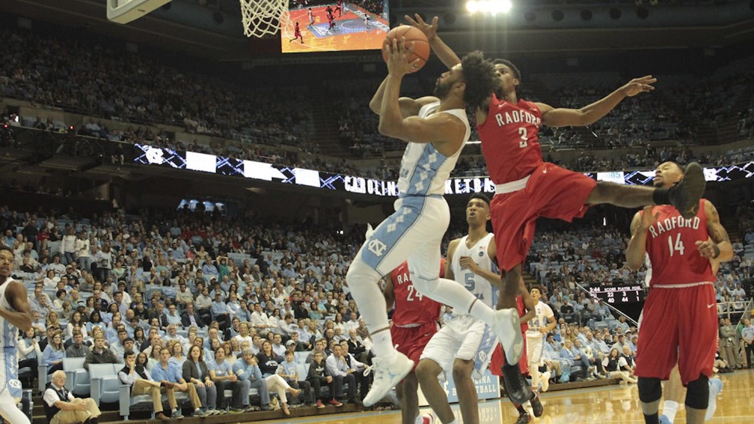 UNC guard Joel Berry (2) goes for a contested layup against Radford on Sunday. 