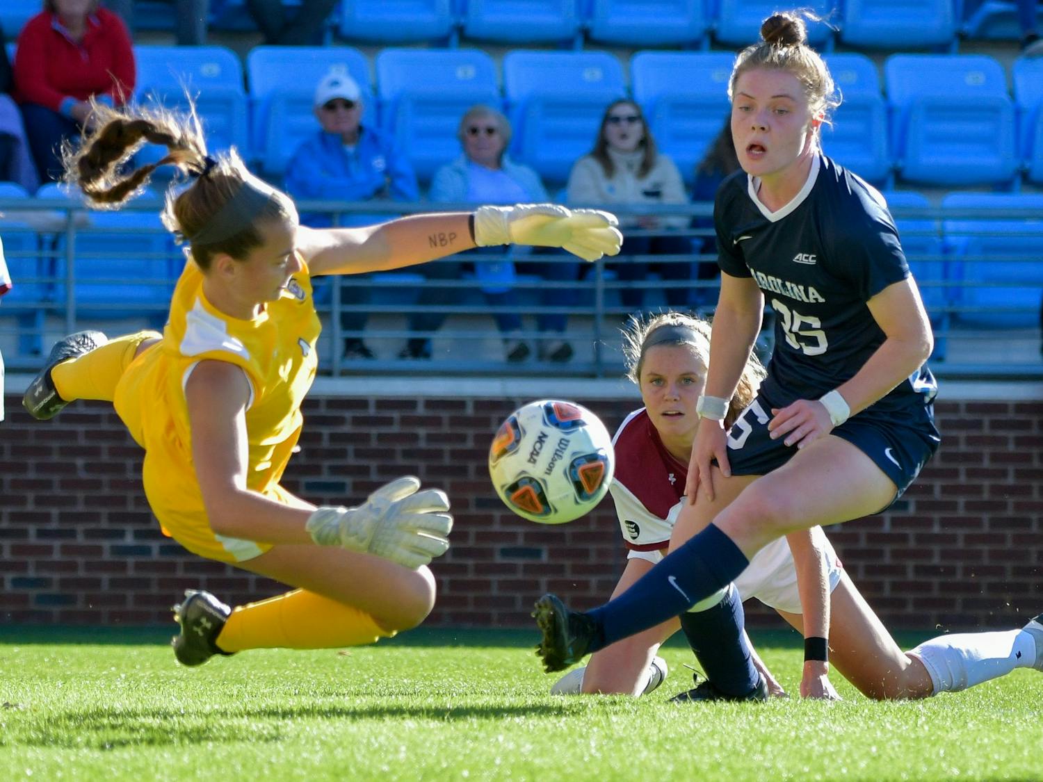 First-year forward Emily Murphy (35) takes a shot on goal at the first round of the NCAA tournament against South Carolina on Nov. 13 at Dorrance Field.