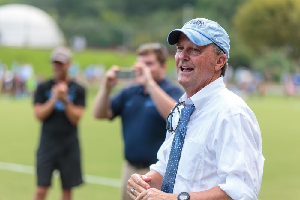 UNC women's soccer head coach Anson Dorrance looks on during his team's 2-0 win over Ohio State on Aug. 19 at Finley Fields South. The victory was his 1,000th in a decorated career.
