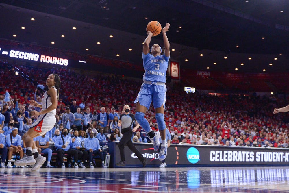 <p>Sophomore guard Kennedy Todd-Williams (3) shoots the ball during UNC's second-round NCAA Tournament game against Arizona in Tucson, Ariz., on Monday, March 21, 2022. UNC won, 63-45, to advance to the Sweet 16.</p>