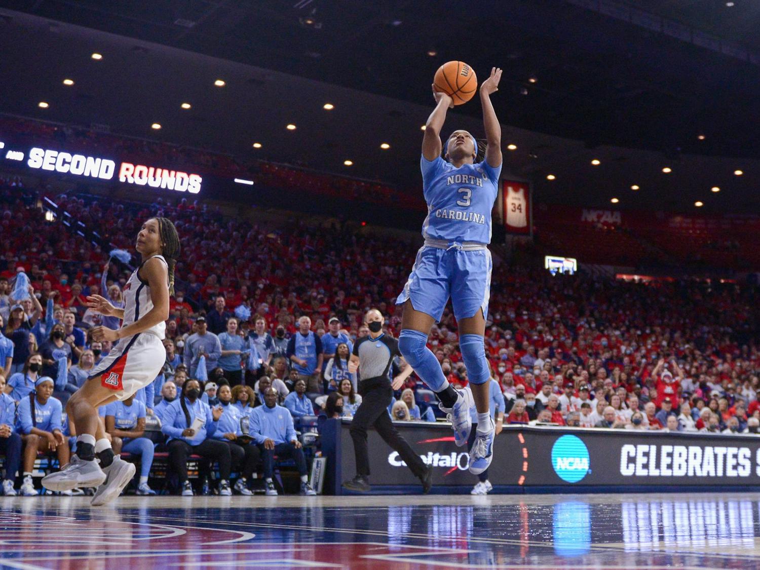 Sophomore guard Kennedy Todd-Williams (3) shoots the ball during UNC's second-round NCAA Tournament game against Arizona in Tucson, Ariz., on Monday, March 21, 2022. UNC won, 63-45, to advance to the Sweet 16.