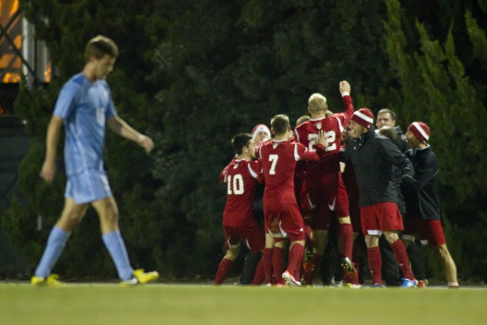 The Hoosiers cheer after scoring during the second half. They would go on to win the game 1-0.