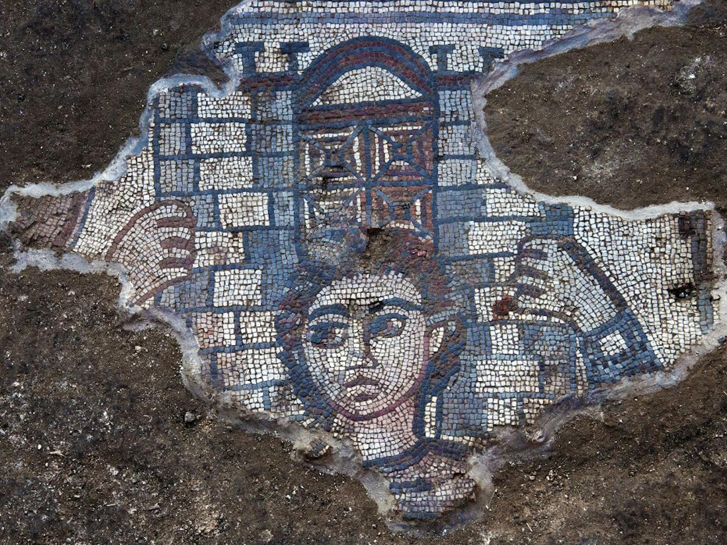 Mosaic showing Samson carrying the gate of Gaza, from the Huqoq 