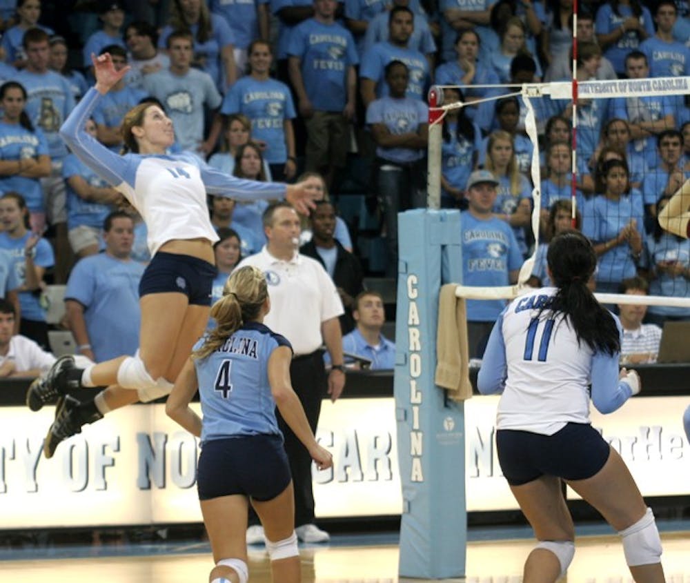 Senior outside hitter Suzanne Haydel rises for a kill. Haydel and her 
fellow seniors have lost only one game at Carmichael Arena this year.