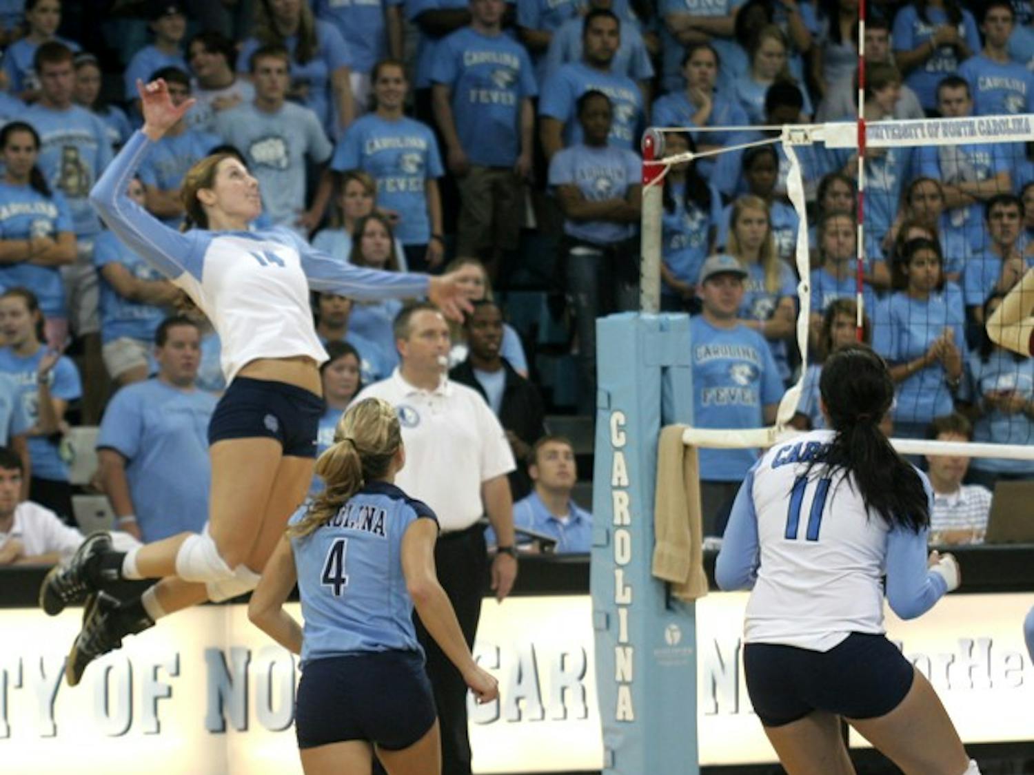 Senior outside hitter Suzanne Haydel rises for a kill. Haydel and her 
fellow seniors have lost only one game at Carmichael Arena this year.