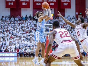 UNC junior guard RJ Davis (4) shoots the ball during the men's basketball game against Indiana at Simon Skjodt Assembly Hall in Bloomington, Ind. on Wednesday, Nov. 30, 2022. UNC fell to Indiana 77-65. 
Photo Courtesy of Maggie Hobson/UNC Athletics.