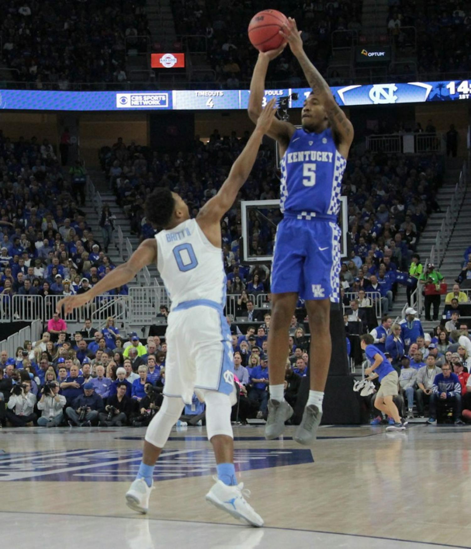 Kentucky guard Malik Monk (5) pulls up for a contested three-pointer against UNC at the CBS Sports Classic on Saturday.