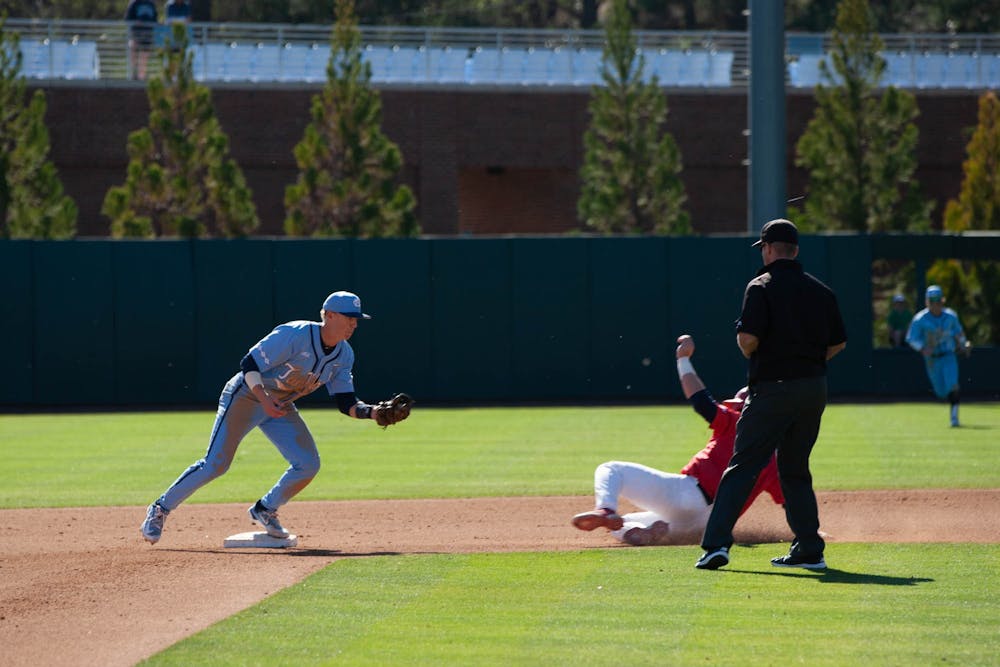 UNC junior infielder Jackson Van De Brake stumps out the opposition during the baseball team's win against Stony Brook on Sunday, March 5, 2023.