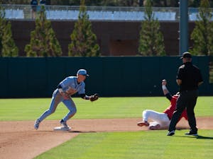 UNC junior infielder Jackson Van De Brake stumps out the opposition during the baseball team's win against Stony Brook on Sunday, March 5, 2023.