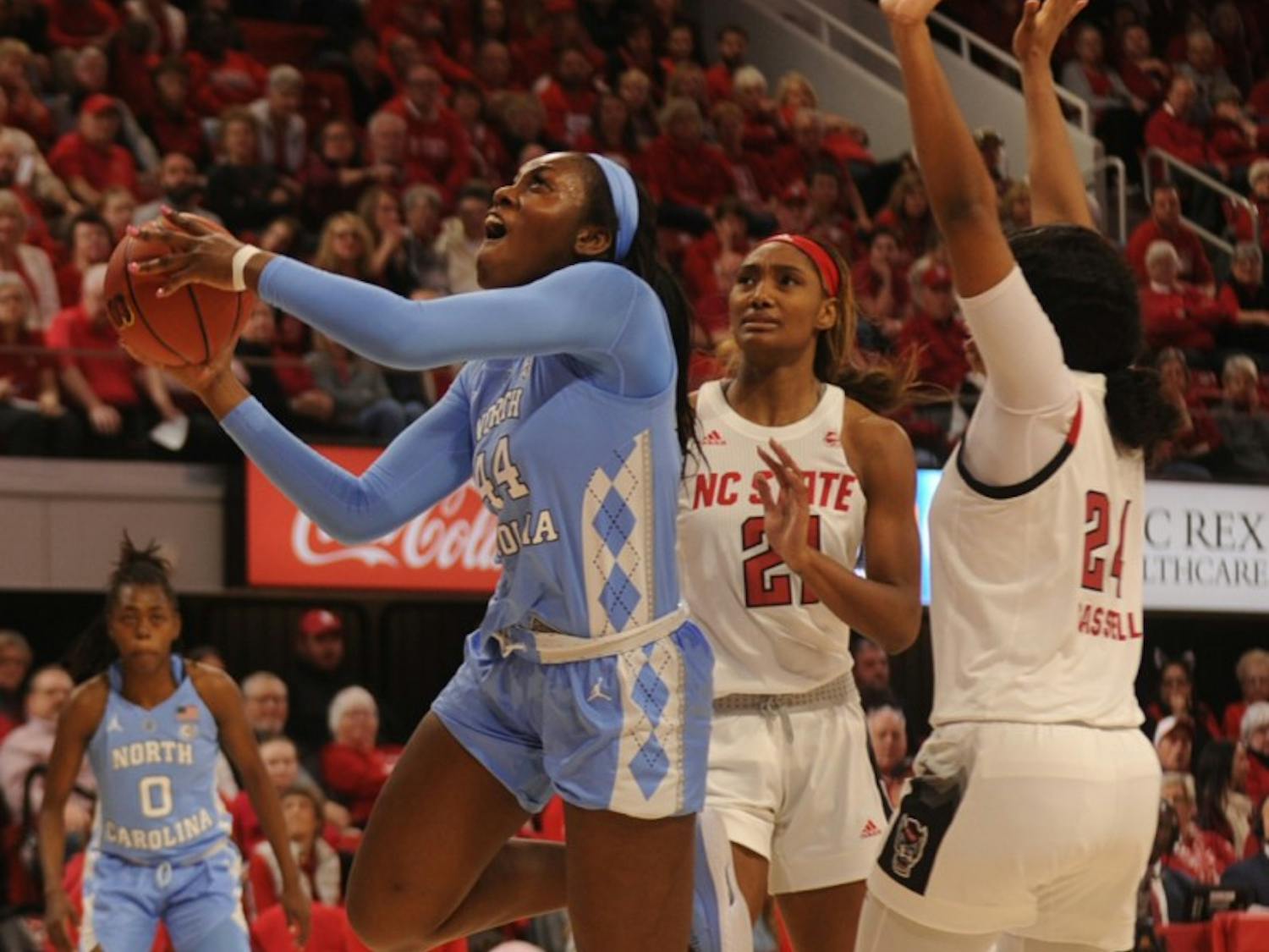 Sophomore center Janelle Bailey (44) prepares to make a basket during the game against NC State on Sunday, Feb 3, 2019 at Reynolds Coliseum. The UNC women's basketball team beat NC State 64 - 51.